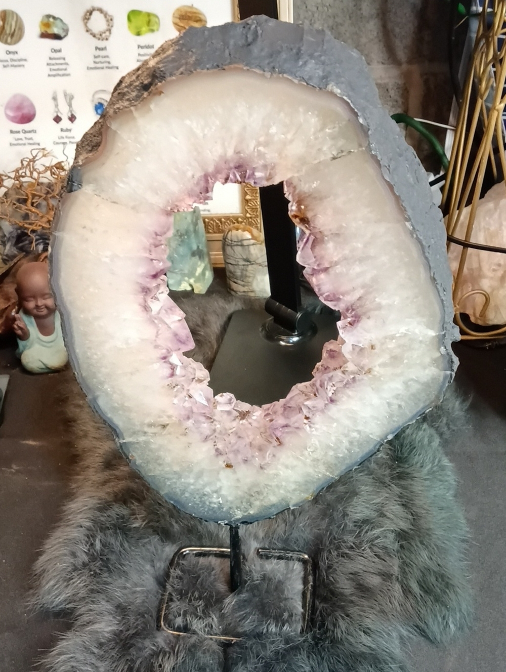Large Amethyst Geode Display on Stand - White pink n  Purple Crystal
